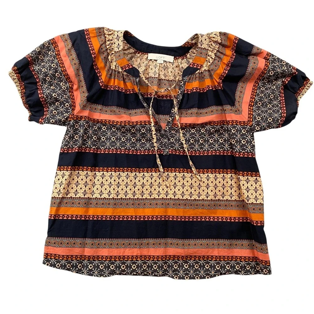LOFT Womens XS NWOT Boho‎ Border Print Split Neck Puff Sleeve Cotton Blouse